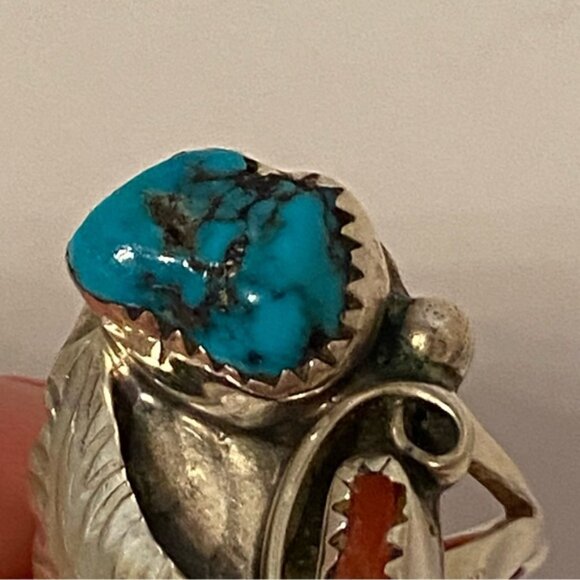 R CHEE VINTAGE NAVAJO STERLING SILVER RING RED BRANCH CORAL TURQUOISE SIZE 7 USA - Picture 7 of 13